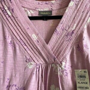 Style & Co Blouse Womens XL Pink Floral V-Neck Long Sleeve Pintuck Top